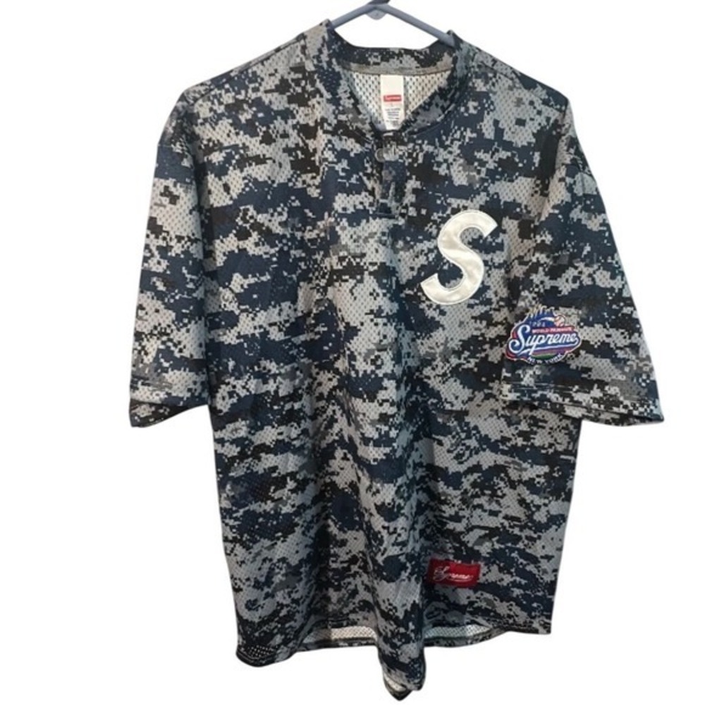 Supreme S Logo Digi Camo Baseball Jersey Blue Grey Mesh Shirt Large